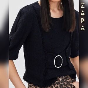 Zara Tweed Diamond Buckle Blouse Size XS Color Black